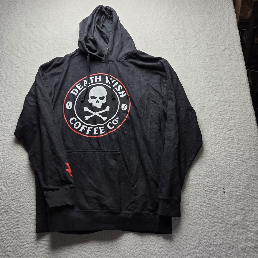 Death Wish Coffee Co Hoodie Mens 2XL Black Fleece Pullover Skull Graphic Logo
